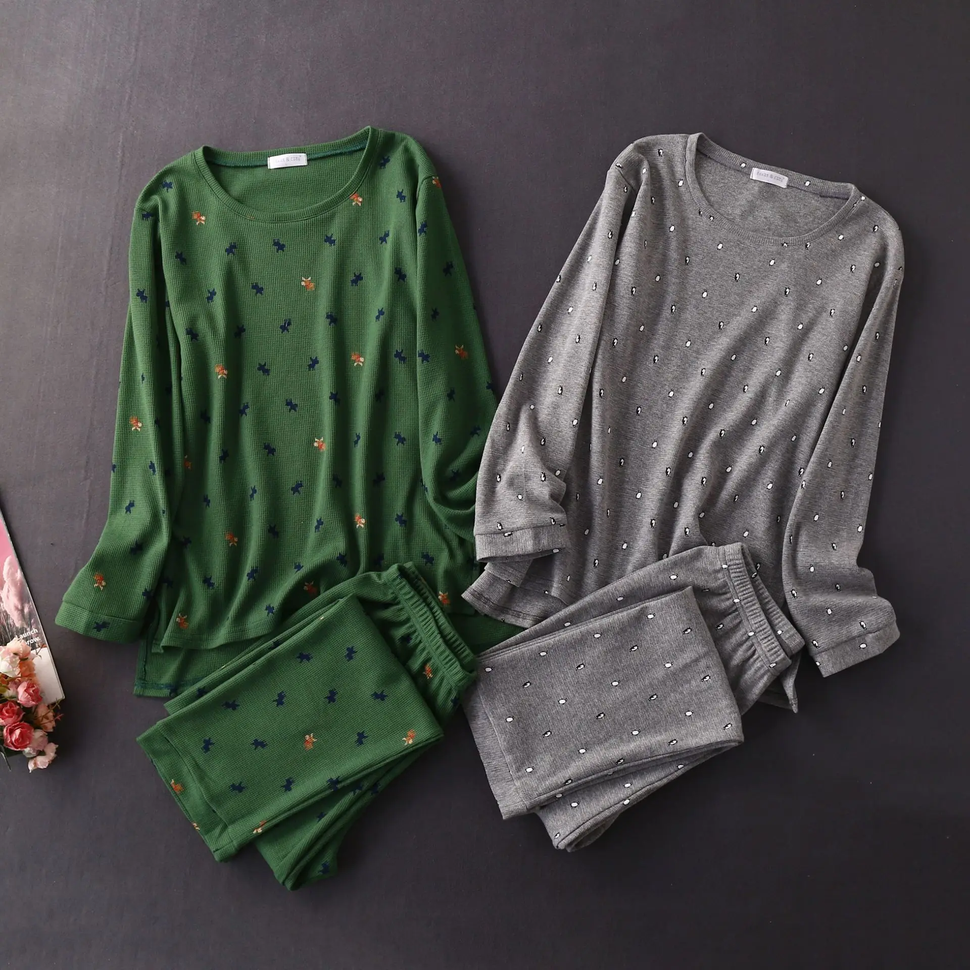 New Knitted Cotton Plaid Waffle Pajamas for Women Casual Long Sleeve Plus Size Sleepwear Printing Couple Pijama Two Piece Set