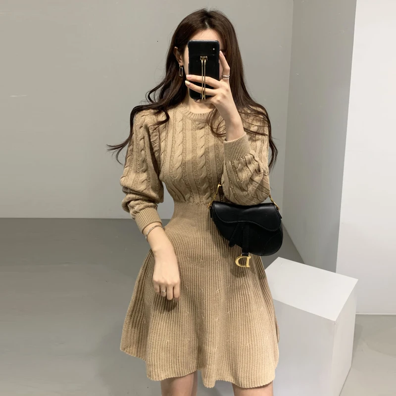 light brown Genayoa, шикарный свитер высокого качества, зимнее платье для женщин, длинный рукав, Ретро стиль, корейский стиль, черные, Vestidos, вязанные платья, элегантные - Цвет: light brown