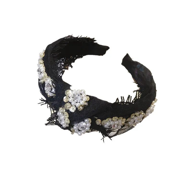 High-end Hair Headband Korean Mesh Lace Hollow Set Crystal Pearl BowKnot Wide Fashion Sweet Hair Accessories For Women Headwear