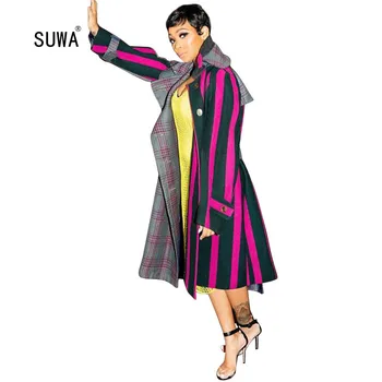 

2020 Newon Spring Streetwear Vertical Striped Print Straight Long Trench Femme Outerwear Classic Women Long Jacket