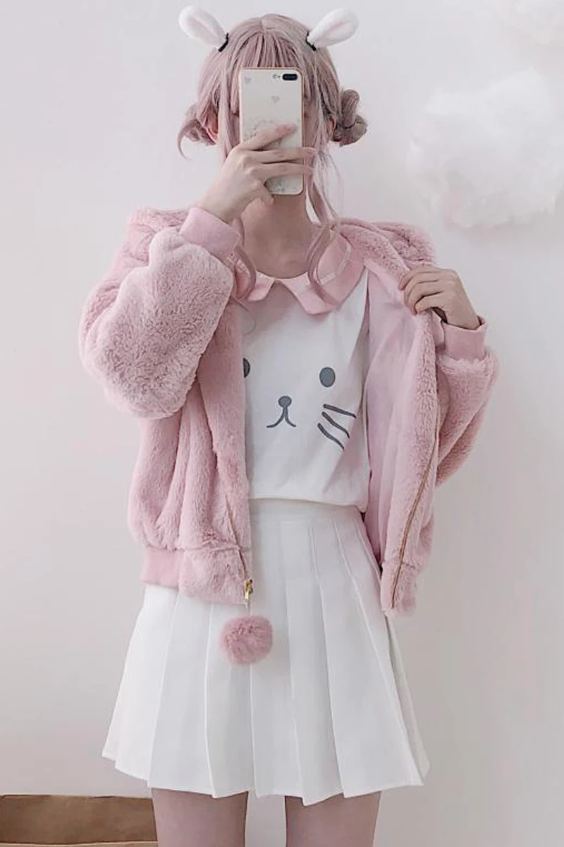 Winter Teenage girl Sweet Jacket Japanese Soft Sister Warm Hooded zipper Long sleeve Plus velvet Thicken Rabbit ear Short coat