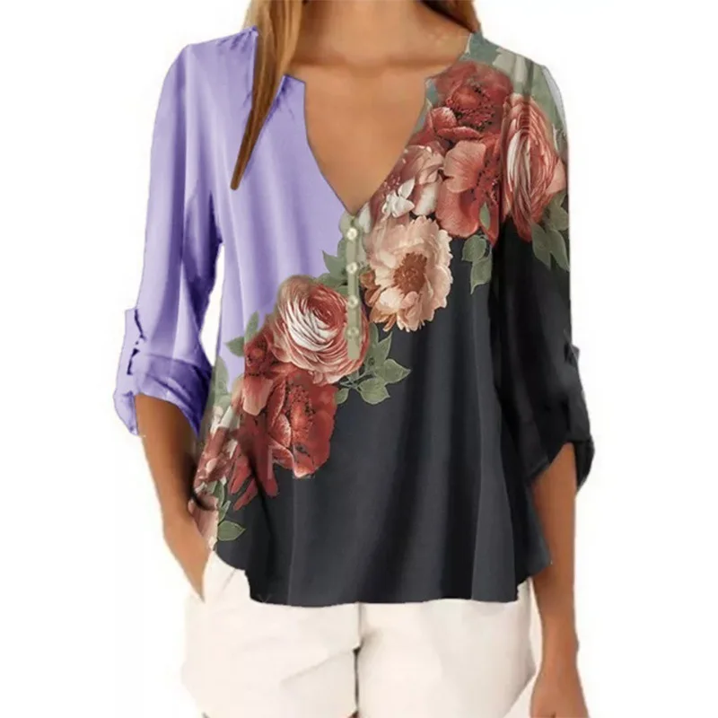 2020 New Summer Short Sleeve Shirt Sexy V-neck Floral Print Tops Blouse Fashion Casual Shirt