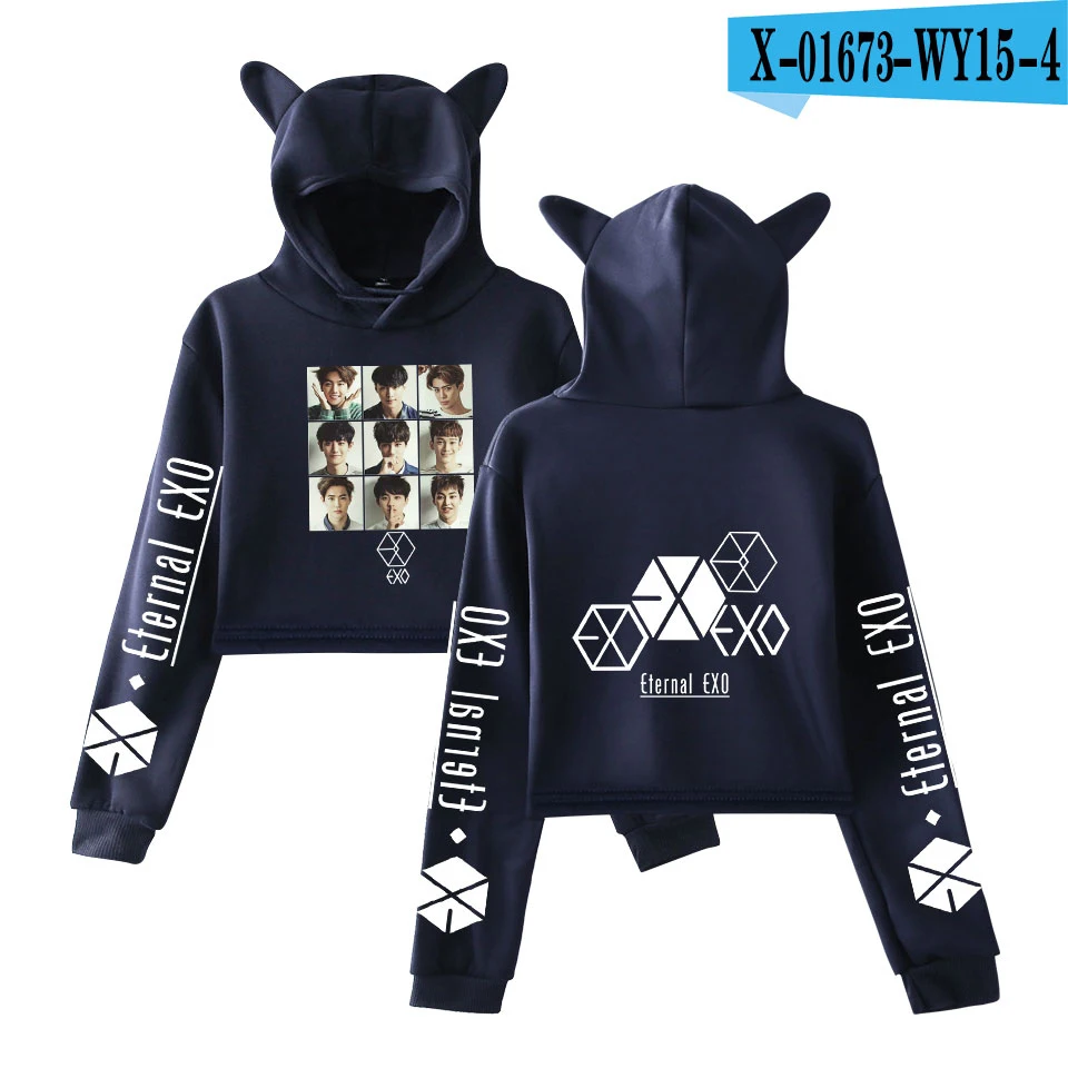 EXO Ablum Ulzzang Милая толстовка с кошачьими ушками Осенняя Женская Студенческая пуловеры Harajuku Повседневная укороченная Толстовка для женщин - Цвет: navy