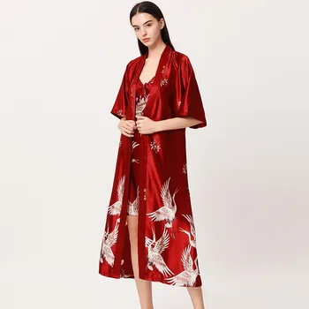 

Oversized 3XL Kimono Bathrobe Gown Satin Print 2PCS Nighty&Robe Suit Intimate Lingerie Women Sleepwear Nightgown Home Clothes