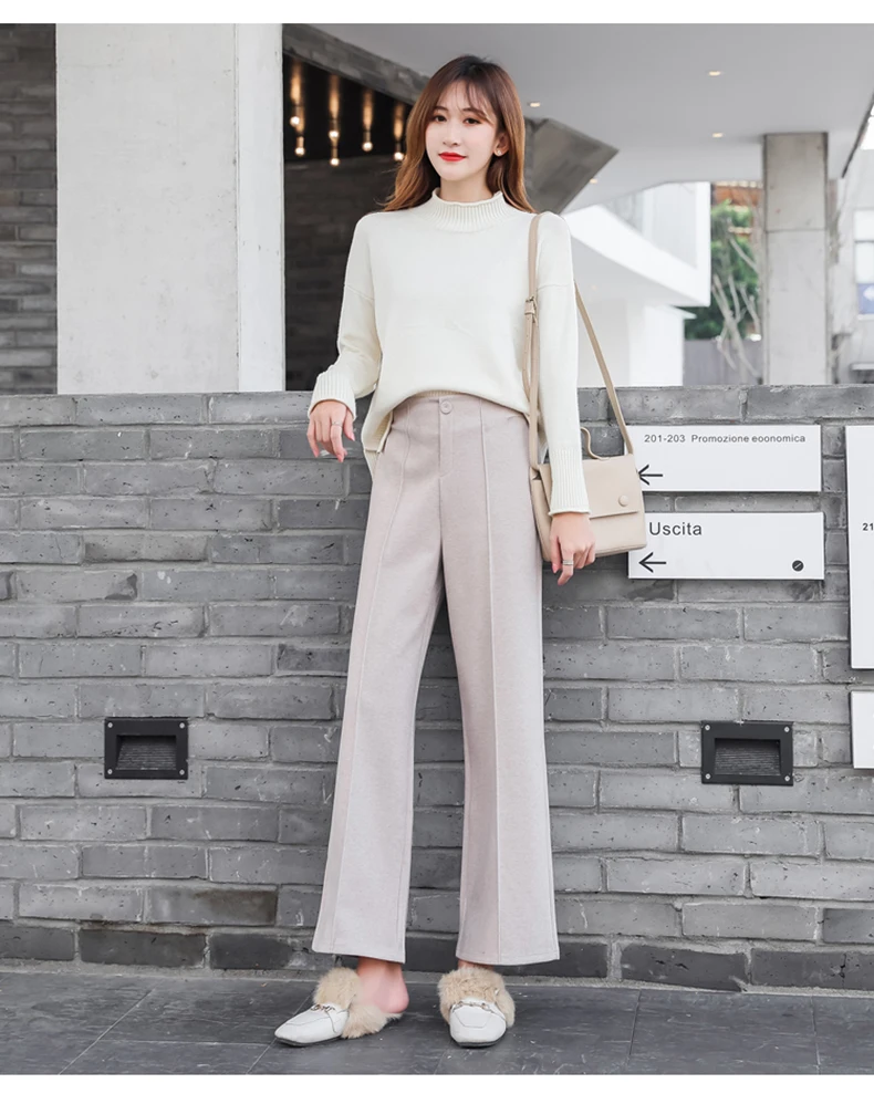 Ankle-Length Women Woolen Pants Wide Leg Pant 2019 New Fashion Autumn Winter Wear High Waist Loose Female Black Beige Trousers (14)