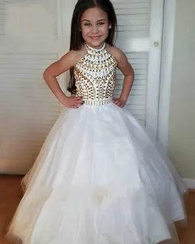 

Halter Tulle Flower Girl Dresses 2020 Lace up Back Crystal Beaded Floor-length Girls Pageant Dresses First Communion Dresse