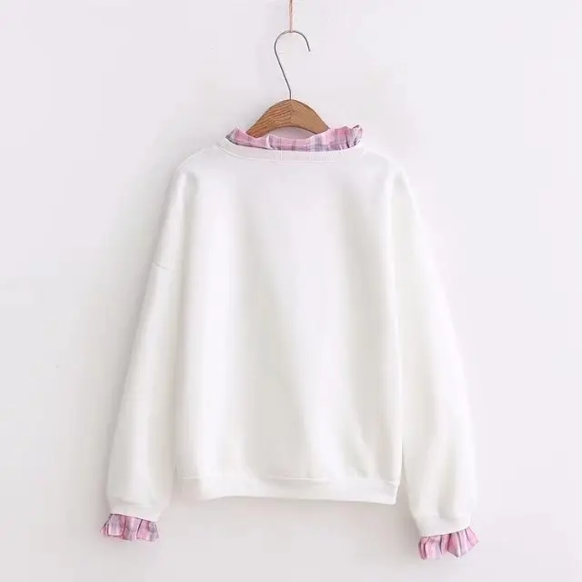 

Spring New Style Korean-style Mock Two-Piece Embroidered Bear Hoodie Women's Joint Lace Stand Collar Pullover Fashion S6778