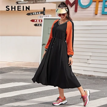 

SHEIN Striped Neck Colorblock Drawstring Waist Textured Knit Dress Women Spring Long Sleeve Sporting Casual Long Dresses