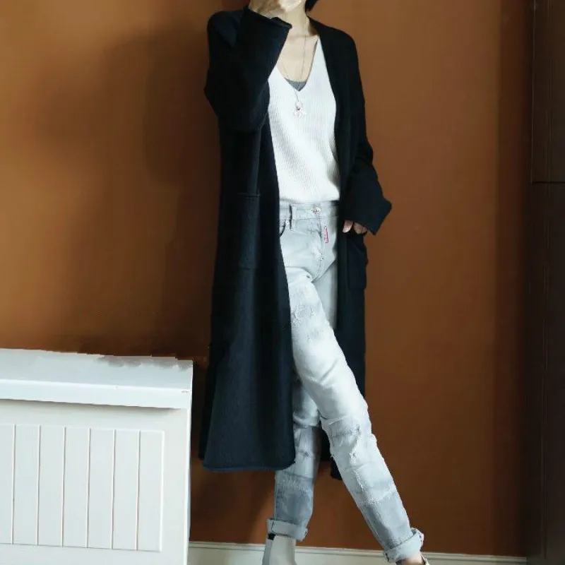 Neploe, корейский стиль, вязаный кардиган, женский свободный, плюс размер, v-образный вырез, длинный, открытый стежок, однотонный, шерсть, Pull Femme Hiver 45831
