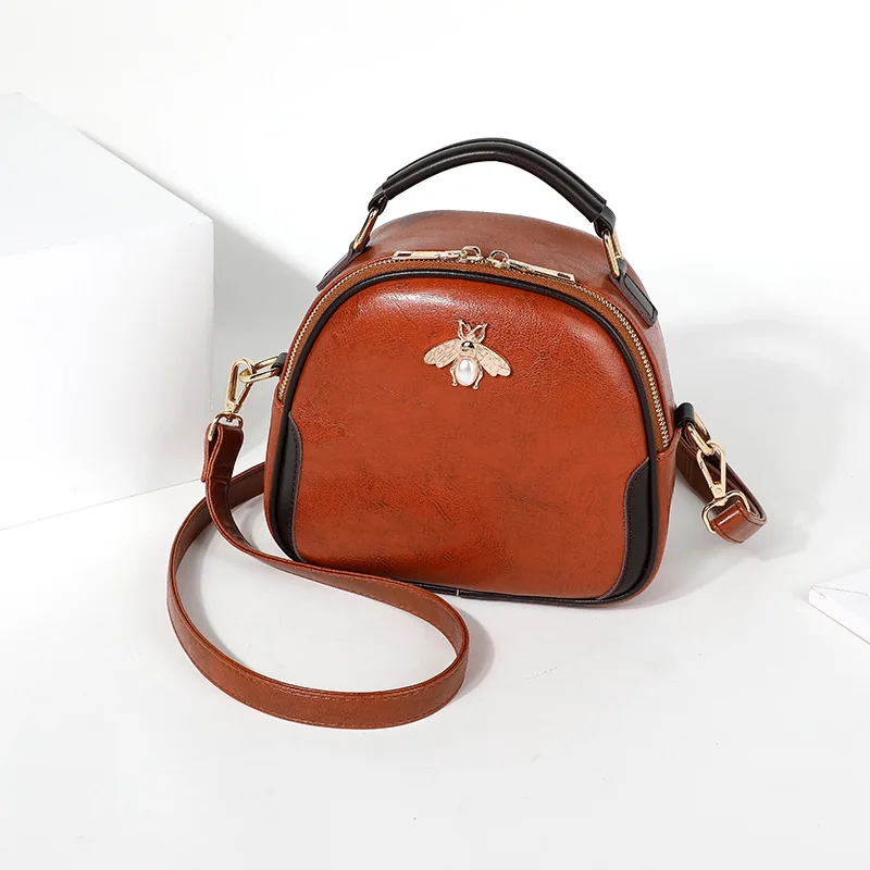 

The Same Model Female Bag Bee Mini Oil Wax Leather Small Round Bag Retro Wild Shoulder Messenger Bag Foreign Style New Fashion