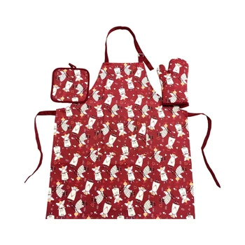 

1 Set of 3 Pieces Womens Kitchen Chef Cooking Apron Baking Print Bib Apron Oven Mitt Glove and Pot Holder