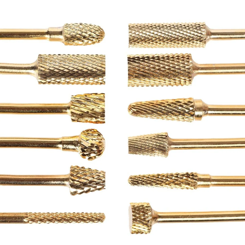 12PCS Professional Nail Drill Bits Set Electric Nail File Carbide Bit Silver Gold Nail Art Tools 3/32'' with Storage Case Holder 3