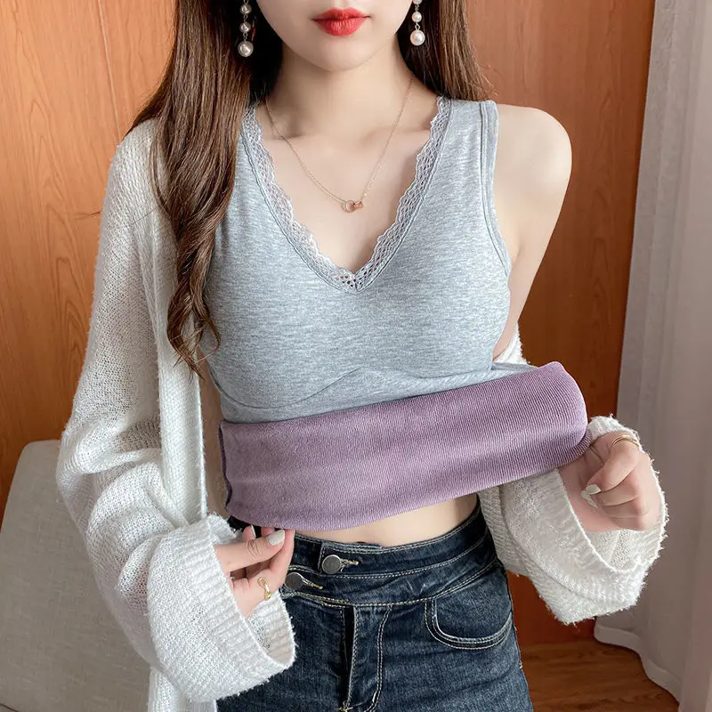 

Women 2022 Autumn Winter New Velvet Thick Warm Inner Bottoming Vests Female Thick and Comfortable Camisole Tank Tops H145