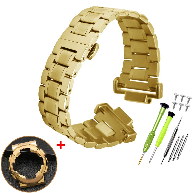 MJ gold Set Твердый ремешок для часов из нержавеющей стали и чехол для GA-110GB GA110/100 GLS-100 ремешок для часов из цельного металла модифицированный браслет чехол для часов - Цвет ремешка: MJ gold Set