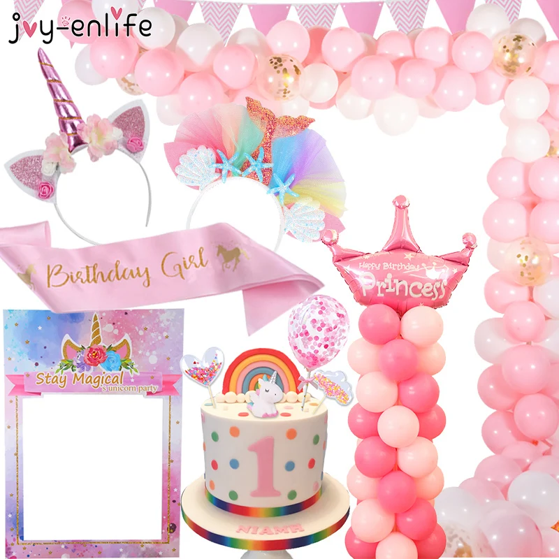 Rose Fete Fille Fete D Anniversaire Licorne Fete Decoration Vaisselle Jetable Rose Numero Ballon Photo Stand Accessoires Fille Anniversaire Aliexpress