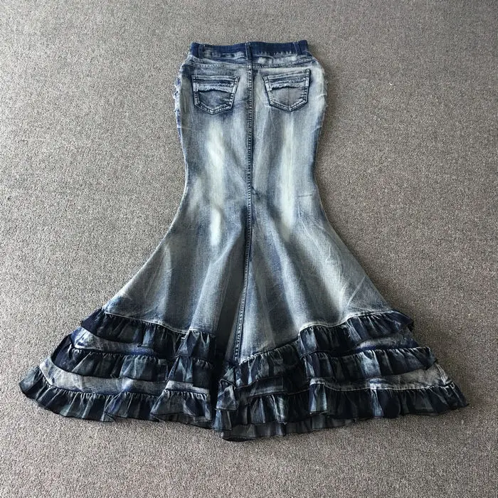 European fashion women sexy high quality denim jeans bodycon tie dyeing gradient color layered ruffles mermaid maxi long skirt
