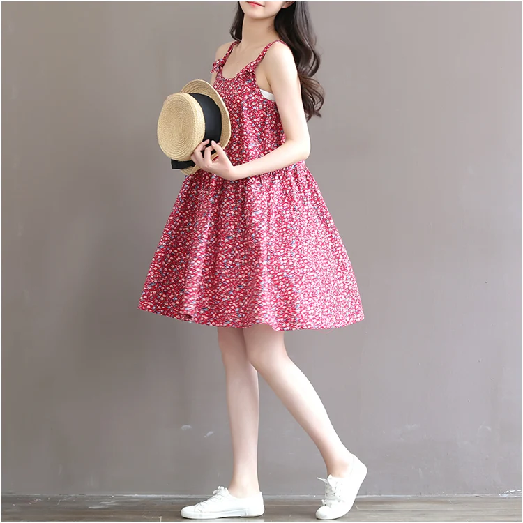 

2021 Spring Summer Artistic Retro Bohemian Style Floral Large Size Loose Sleeveless Strap Women's Dress Short Pink Midi Oversize
