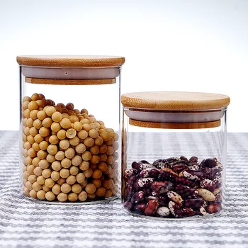 

175ml Clear Glass Jar Sealed Canister Food Storage Container for Loose Tea Coffee Bean Sugar Salt (6.5*8CM, with Bamboo Lid)