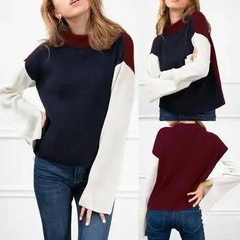 

Fashion Winter Women Sweater Top Color Block Ribbed Long Sleeve Sweater Knitted Pullover