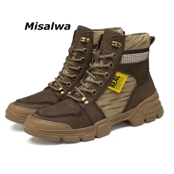 

Misalwa Luxuries Men High Boots Genuine Leather Canvas Breathable Boots Winter Fur Spring Casual Men Shoes Size 37-45 Khaki