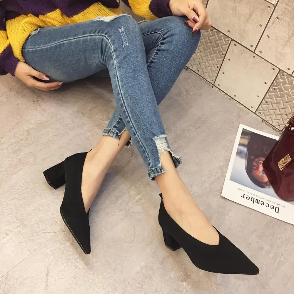moda puntiaguda boca gruesa con el temperamento solo zapatos casual cómodo transpirable volar zapatos tejidos