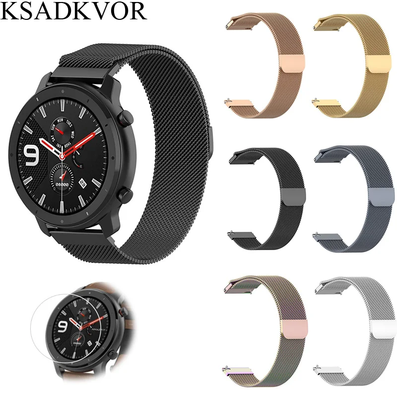 

Ksadkvor for Xiaomi Mijia Amazfit GTR 42 47MM Wristband Strap Wrist Metal Milanese Loop Band with Screen Glass Protector Gift