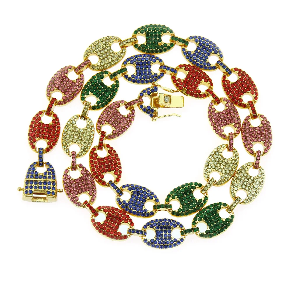 Multicolor 2 Iced Out CZ Золото Серебро кофейные зерна Свинья Нос сплав Стразы ожерелье Шарм звено цепи ожерелье s мужские ювелирные изделия хип хоп - Окраска металла: Multicolor 2