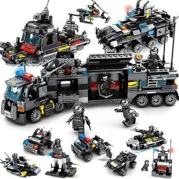 

8pcs/lot SWAT City Police Truck Building Blocks Sets Ship Helicopter Vehicle Creator Bricks Playmobil Toys for Children