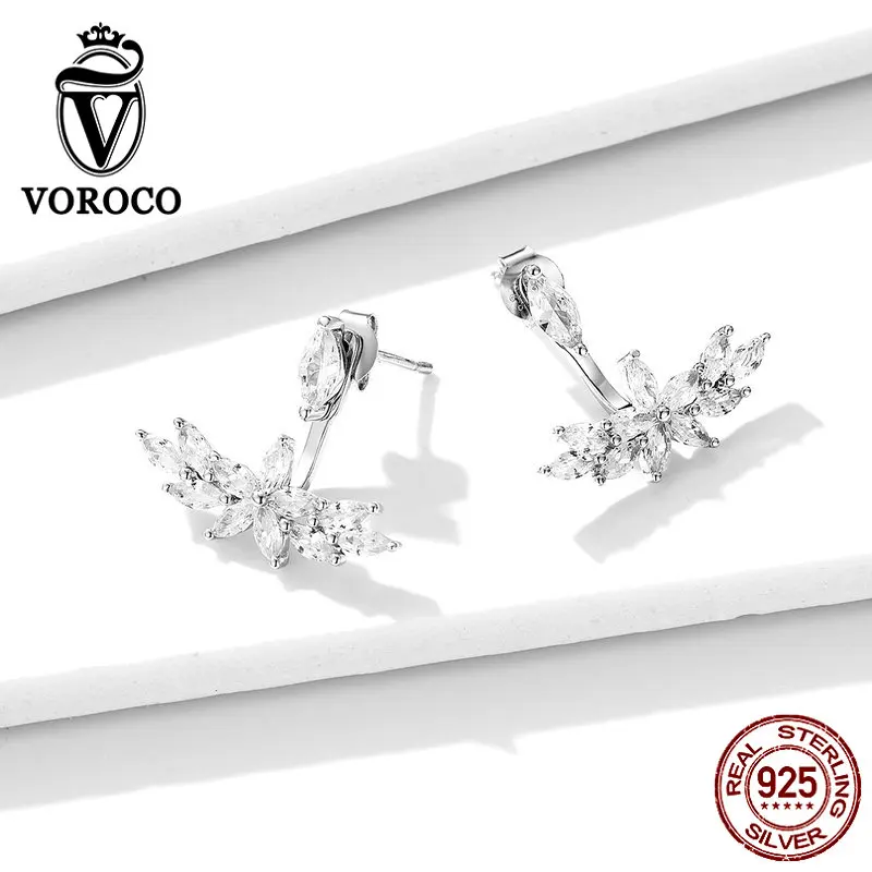 Voroco настоящий 925 пробы серебряные серьги гвоздики цветок Любовь цветущие серьги прозрачный CZ хорошее ювелирное изделие для женщин Свадебные аксессуары BNE287