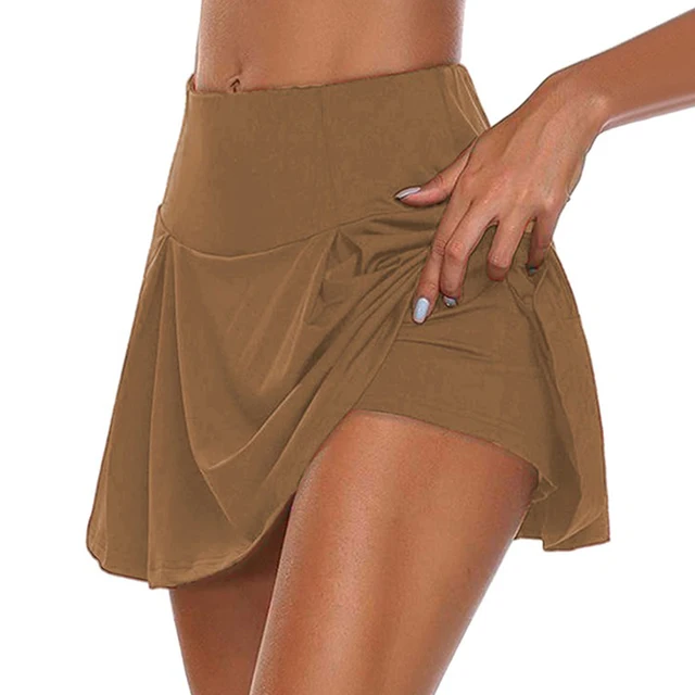 Women Yoga Shorts Skotrs Sports Tennis Skirts Shorts for Dancing Quick Drying Fake Skirts Shorts Running Cycling Fitness Gym Dark brown