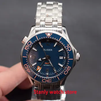 

Sapphire crystal Bliger 41mm blue dial luminous marks stainless steel deployment buckle GMT automatic movement men's watch