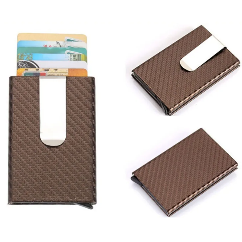Business Aluminum Wallet Automatic Slide Card Case Carbon Fiber PU Leather Metal ID Credit Card Holder Clip id card holder,aluminum wallet