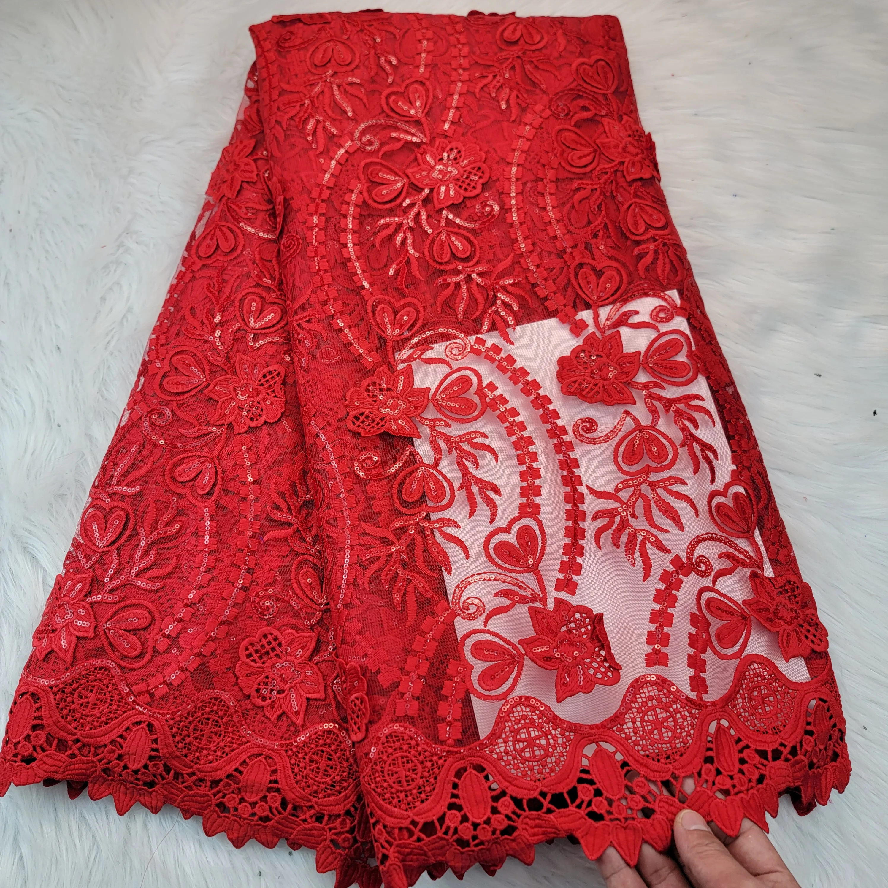 

2022 Applique Design African Lace Fabric High Quality Sequined 3D Flower French Mesh Lace Fabric For Wedding