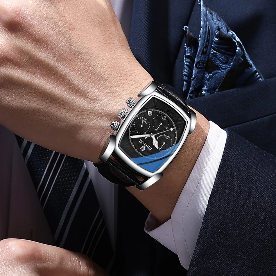 Fashion Rectangle Men Business Watches Calendar Chronograph Genuine Leather Casual Luxury Male Wristwatch Waterproof Big Dial
