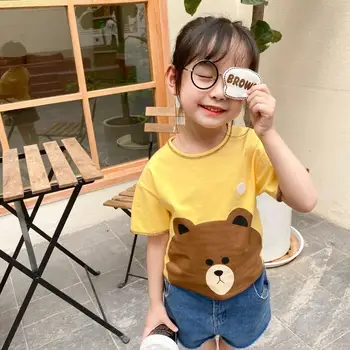 

summer kids t-shirt 100% cotton baby girls clothes baby boys tops Light yellow bear print cute cartoon short sleeve T-shirt