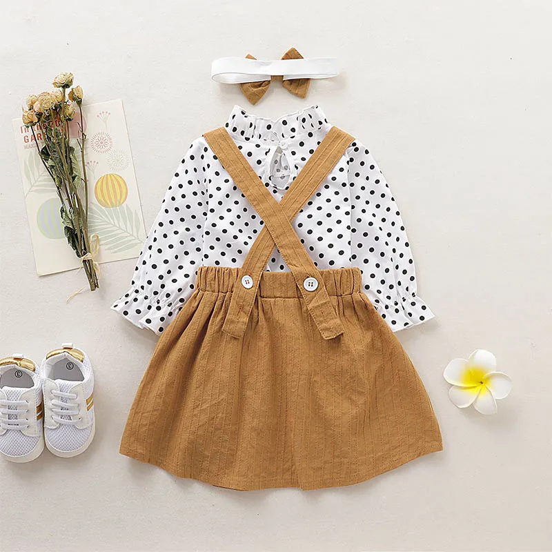

New Baby Girl Three Piece Sets Autumn Polka Dot Top Solid Color Strap Skirt Headband 12-36M