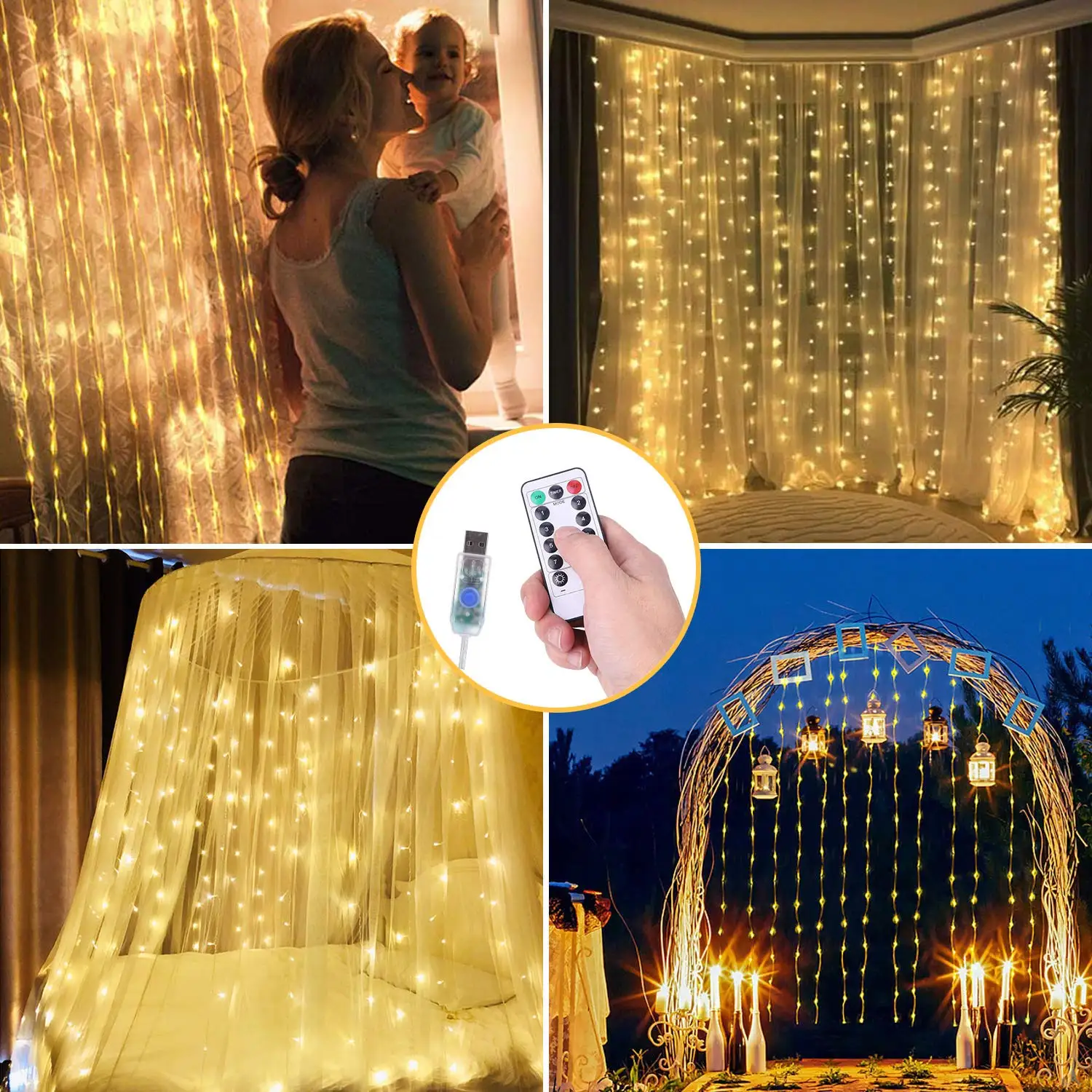 

Curtain Lights 300 LED Curtain String Lights with Remote Control and Timer USB Powered for Christmas Wedding Window Indoor Decor