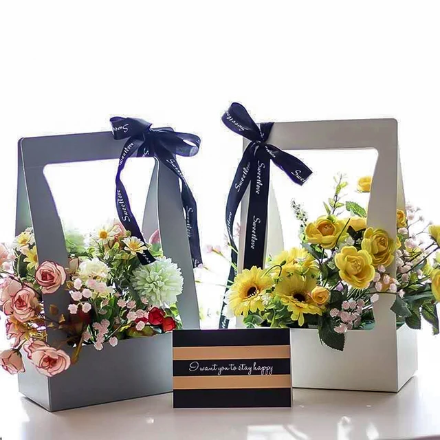 4PCS Paper Flower Gift Bags Box with Handle, Floral Arrangements Bouquets  Bag, Florist Bag Carry Package Gift Case for Valentines Day Wedding  Birthday Graduation Party Decoration,Black 