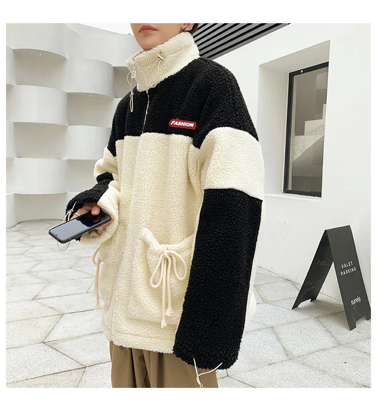 Winter new collection of patchwork printed thick and fleecy hooded padded clothes loose casual personality youth men's wear