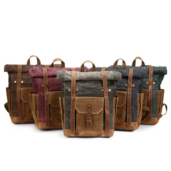 

FGGS-Vintage Oil Waxed Canvas Leather Backpack Large Capacity Teenager Traveling Waterproof Daypacks 14 Inch Laptops Rucksack Gr