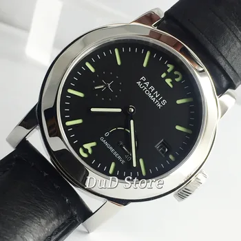 

44MM PARNIS Top luxury Stainless steel case BLACK DIAL Leather strap SAPPHIRE POWER RESERVE AUTOMATIC DATE WATCH