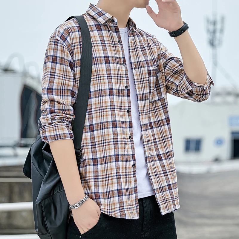 Männer Kariertes Hemd Flanell Langarm Streifen Shirts Straße Tasche Japan Baumwolle Lose Slim Fit Männlichen Beiläufigen Weichen Smoking Formale hemd – Detail 15