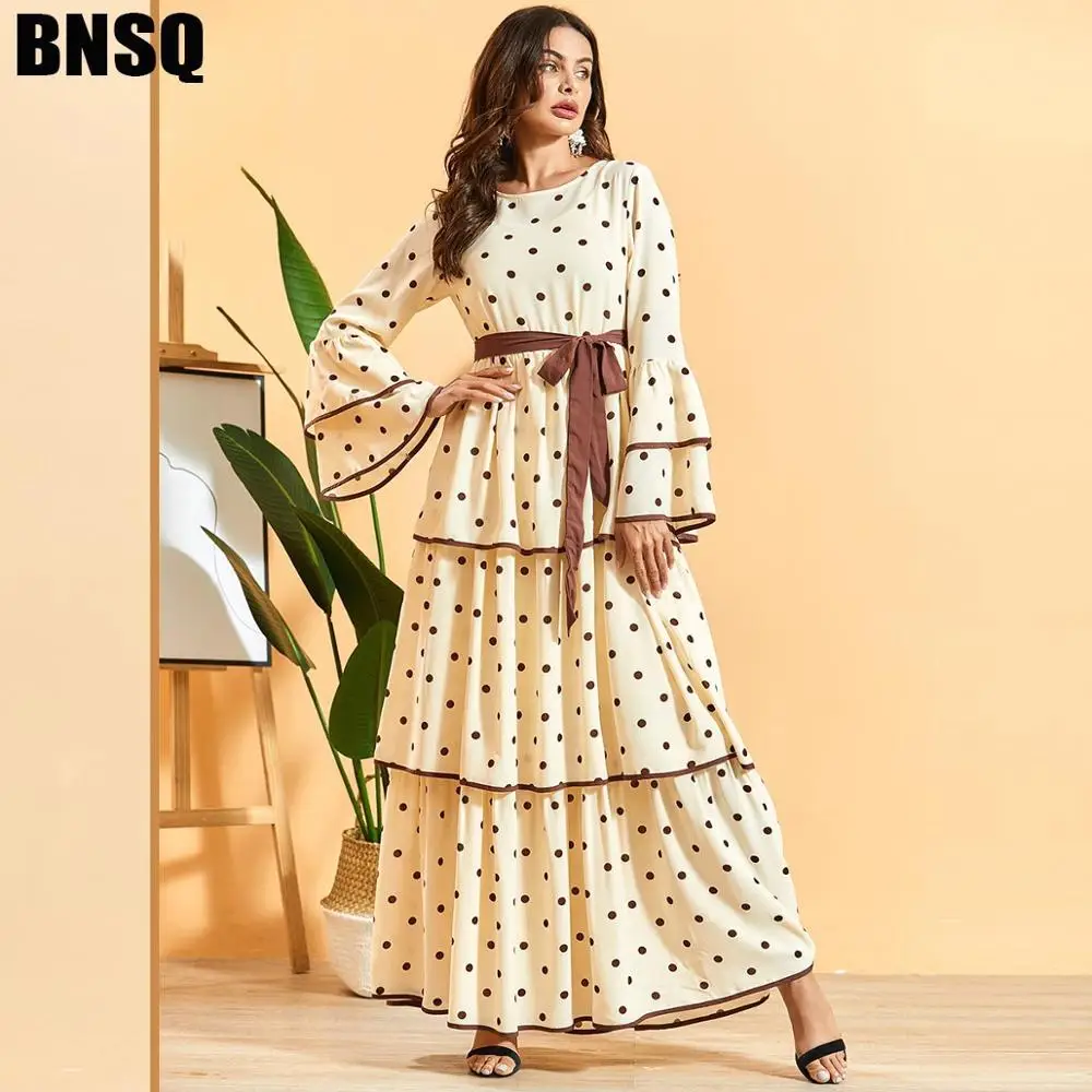 Muslim Abaya Polka Dot Pleated Bohemian Maxi Dress Kimono Long Robe Gowns Middle East Eid Ramadan Islamic Vestidos Verano Mujer |