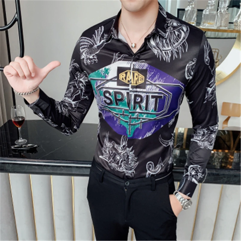 

Men Shirt Long Sleeve Vintage Painted Print Designer Shirts Men Slim Fit Dress Shirt Streetwear Club Camisas Para Hombre 2020