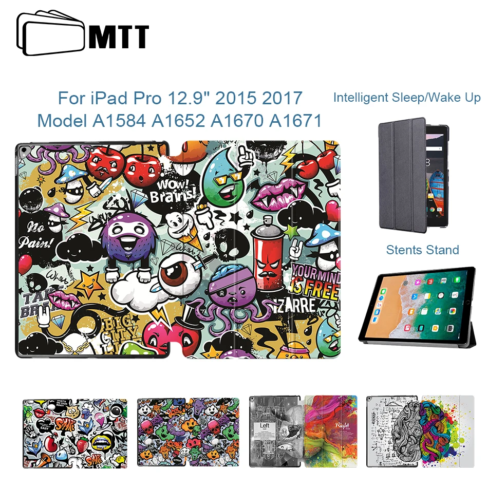 

MTT Case For iPad Pro 12.9 inch 2015 2017 PU Leather Flip Protective Cover for iPad Pro 12.9" Cartoon Graffiti Tablet Case Coque