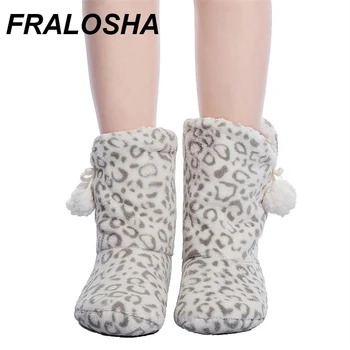 

FRALOSHA thick plush warm indoor boots floor shoes shoes non-slip soft shoes and the same bathrobe series white leopard