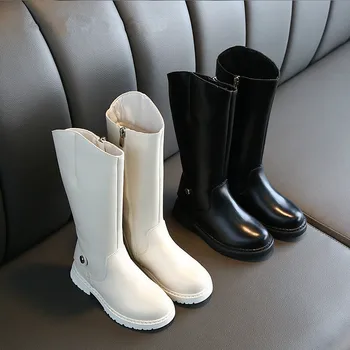 

Kids Girls Black Boots Winter Knee-length Martin Boots for Girls Rain Boot Kids with Zip Girl Winter Leather Shoes Rubber Sole