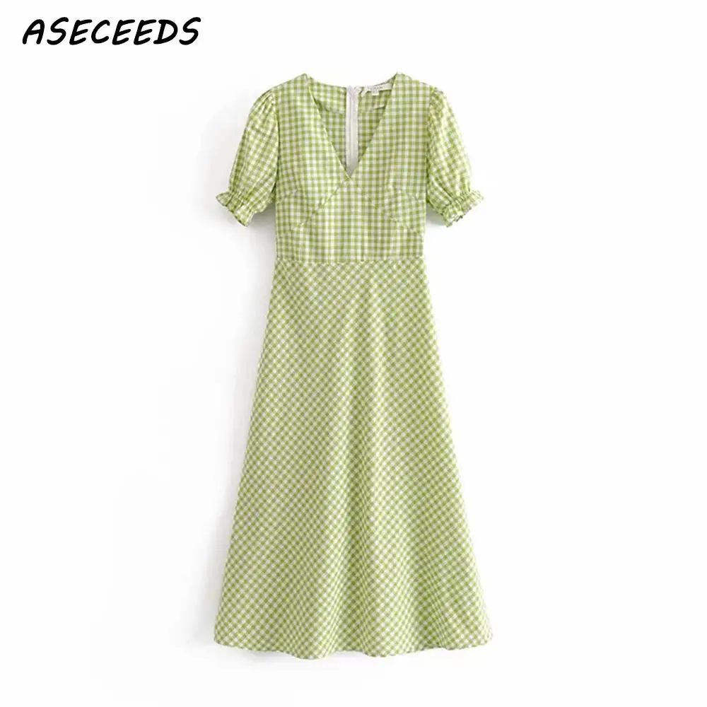 

2019 summer dress women casual puff sleeve elegant plaid dress streetwear female green sexy midi dress korean clothes vestidos