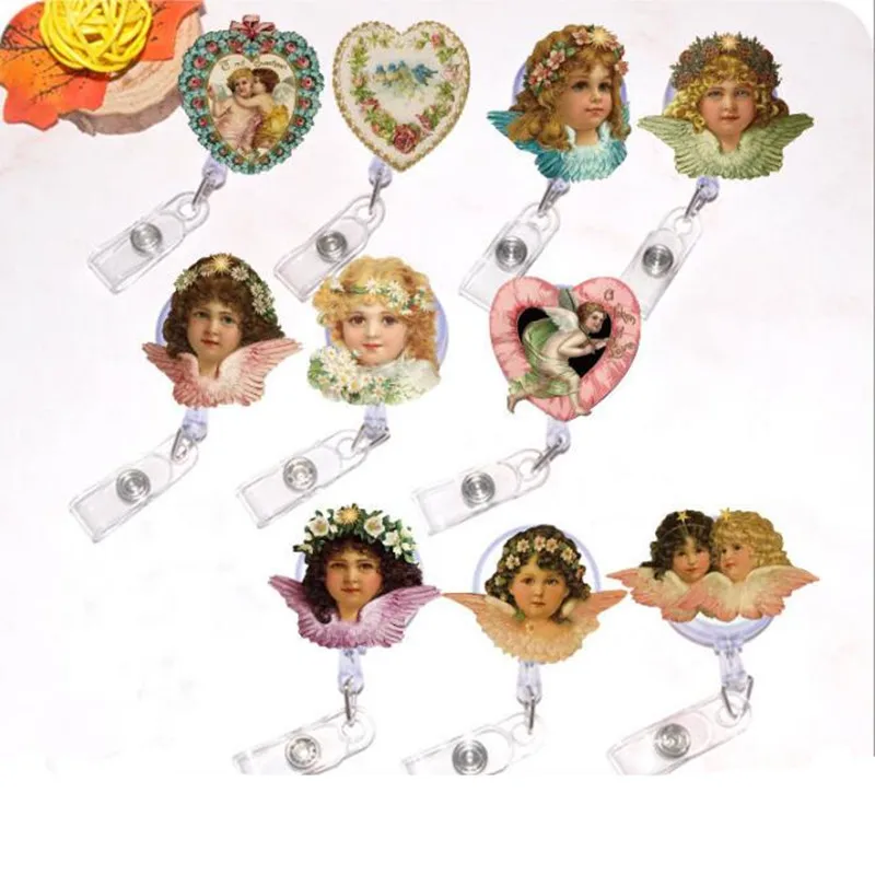 

New Design 1 Piece High Quality Acrylic Retractable Nurse Badge Reel Cartoon Girls Angles Series Students ID Card Badge Holder