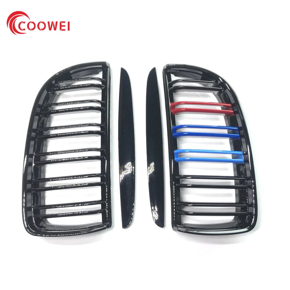 

Pair Front Gloss Matt Carbon M Color Black 2 Line Double Slat Kidney Grille Grill For BMW E90 E91 4 Door 2005 -2008